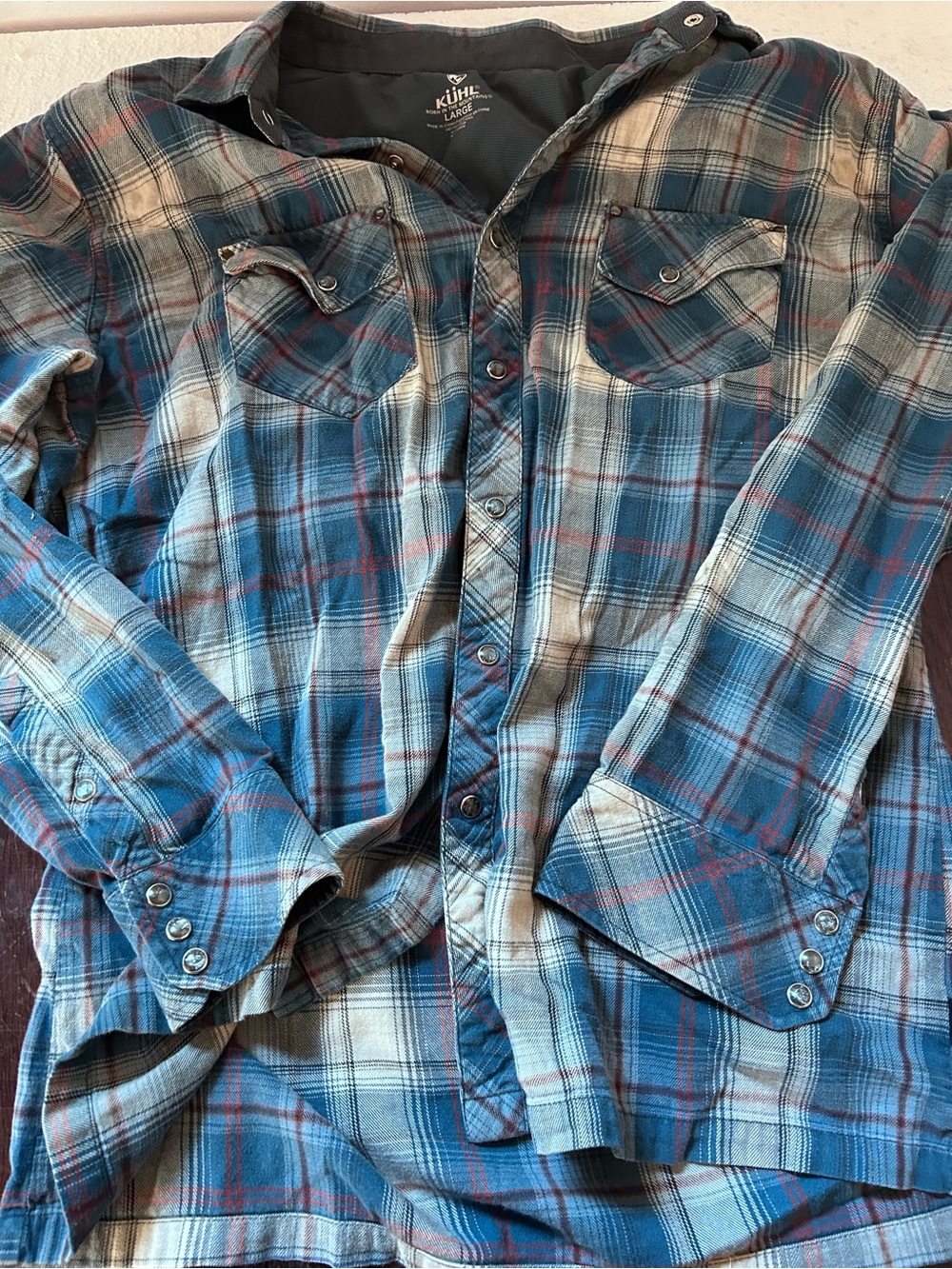Kuhl Men's Teal and Cream Plaid Button-Down Shirt large pearl button
